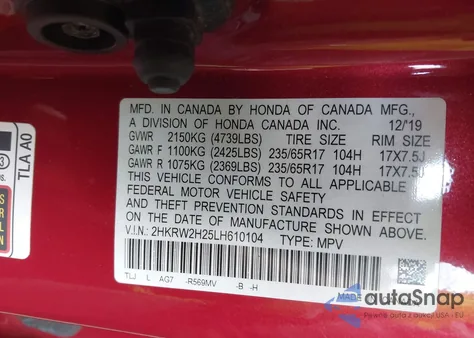 2020 Honda Cr-V Awd Lx from USA, damaged, VIN 2HKRW2H25LH610104